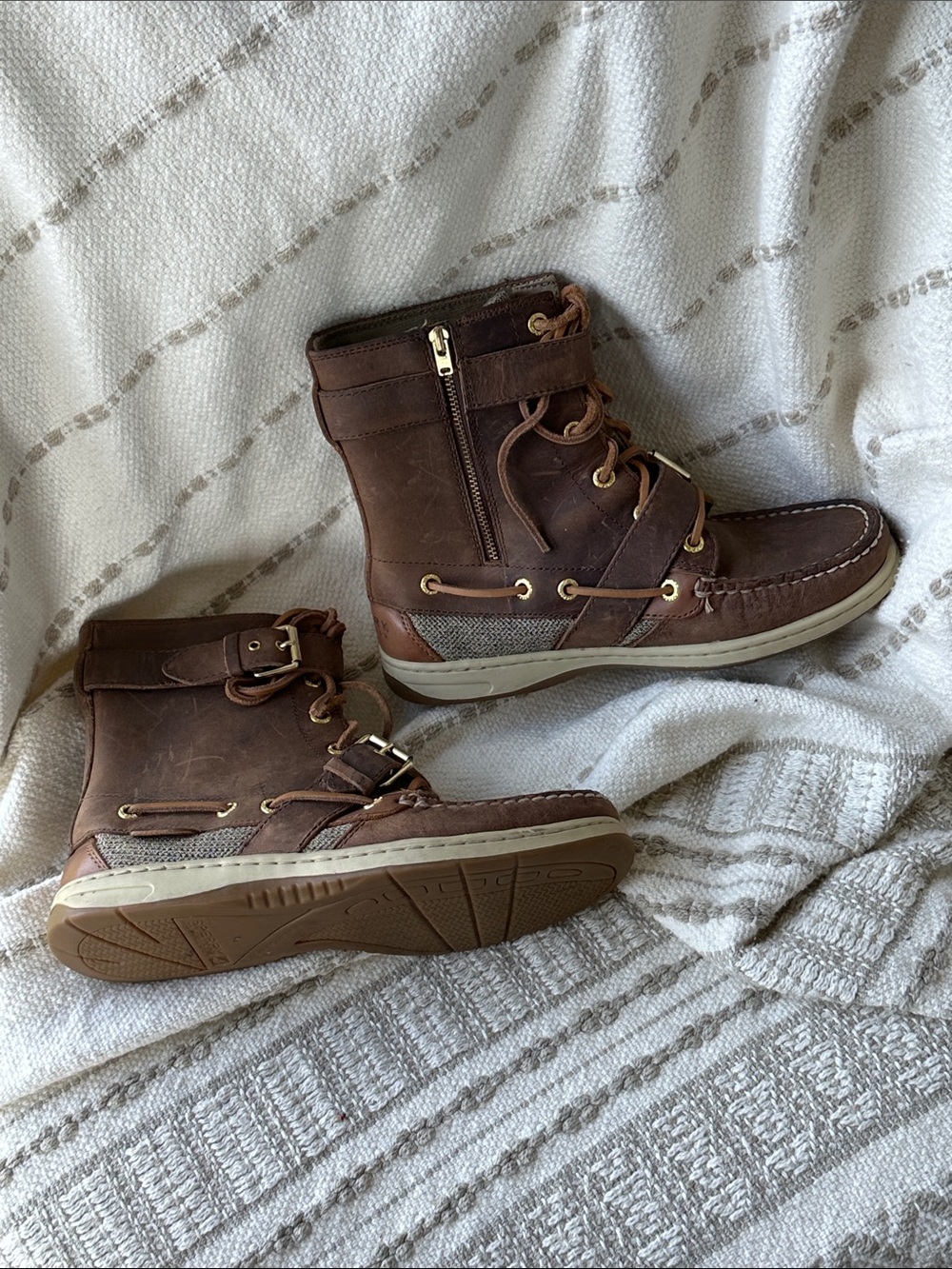 Sperry Brown Leather Lace-Up Ankle Boots with Side Zip